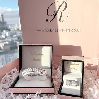 Rankins Jewellers point of sale pink box with diamond bracelet and earrings 